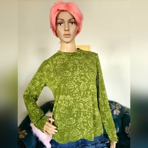 Chic Green Patterned Mock Neck Long Sleeve Top